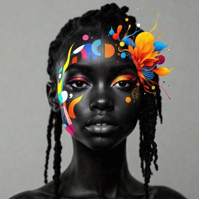 The primary subject of the image is a woman with a striking appearance. She has her face painted with a vibrant and colorful design, featuring a mix of black and white, as well as other colors. The setting is a close-up of her face, showcasing the intricate details of the artwork. The visual style of the image is a combination of digital art and illustration, creating a unique and eye-catching portrait. The colors and mood of the image are lively and energetic, capturing